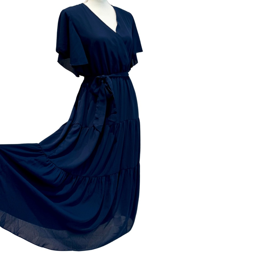 NWOT Navy Blue Flowy Midi Dress | Ruffle Sleeves + Elastic Waist (M) - Picture 12 of 13